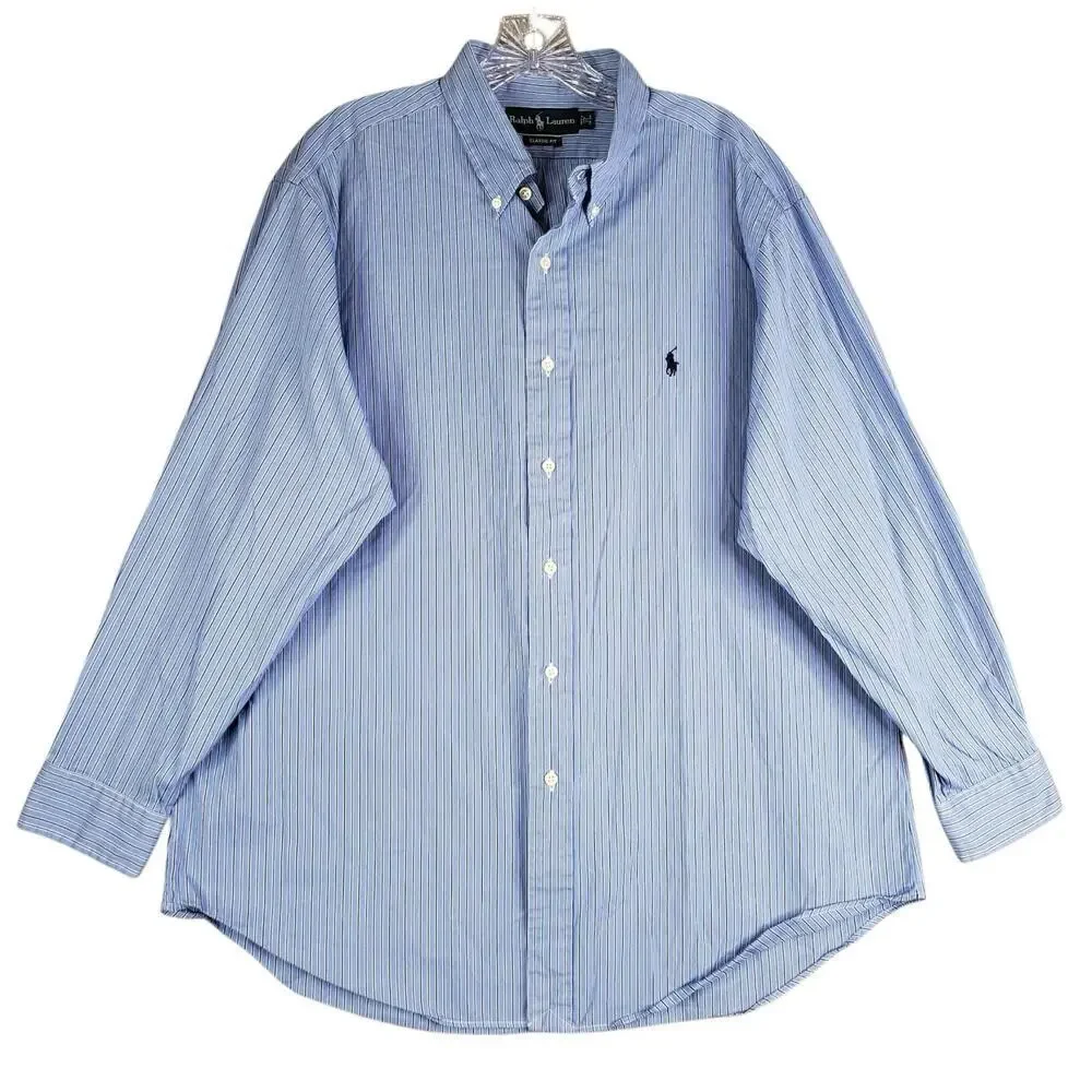 Polo Ralph Lauren Shirt Oxford Mens Size XL 17 Button Down LS Blue Stripe